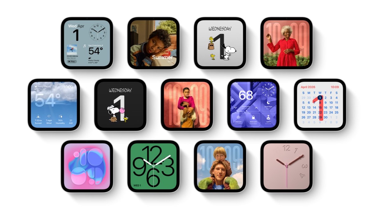 Thirteen HomeView screens in three rows, each showing a different face: analogue clocks, large ten o'clock numerals behind portraits, Snoopy with the date, a calendar, weather, and a grid of home controls.