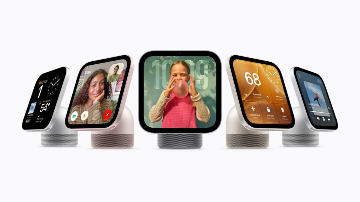 Five Apple HomeView screens on domed speaker bases, in silver, starlight, rose pink and space gray, against a white background.
