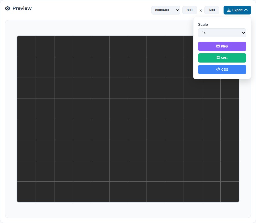The export dropdown open in Grid Maker, showing a scale selector set to 1x and three buttons labelled PNG, SVG and CSS