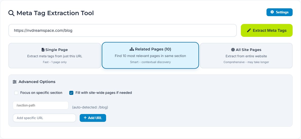 The meta tag extractor with a URL entered and three scope cards below it, labelled Single Page, Related Pages and All Site Pages, with an advanced options panel open underneath