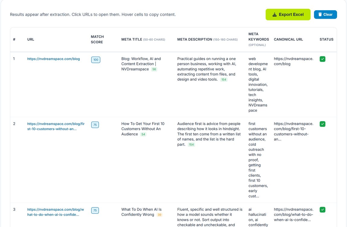 A table of extracted meta tags from a website, showing title and description character counts for several pages side by side