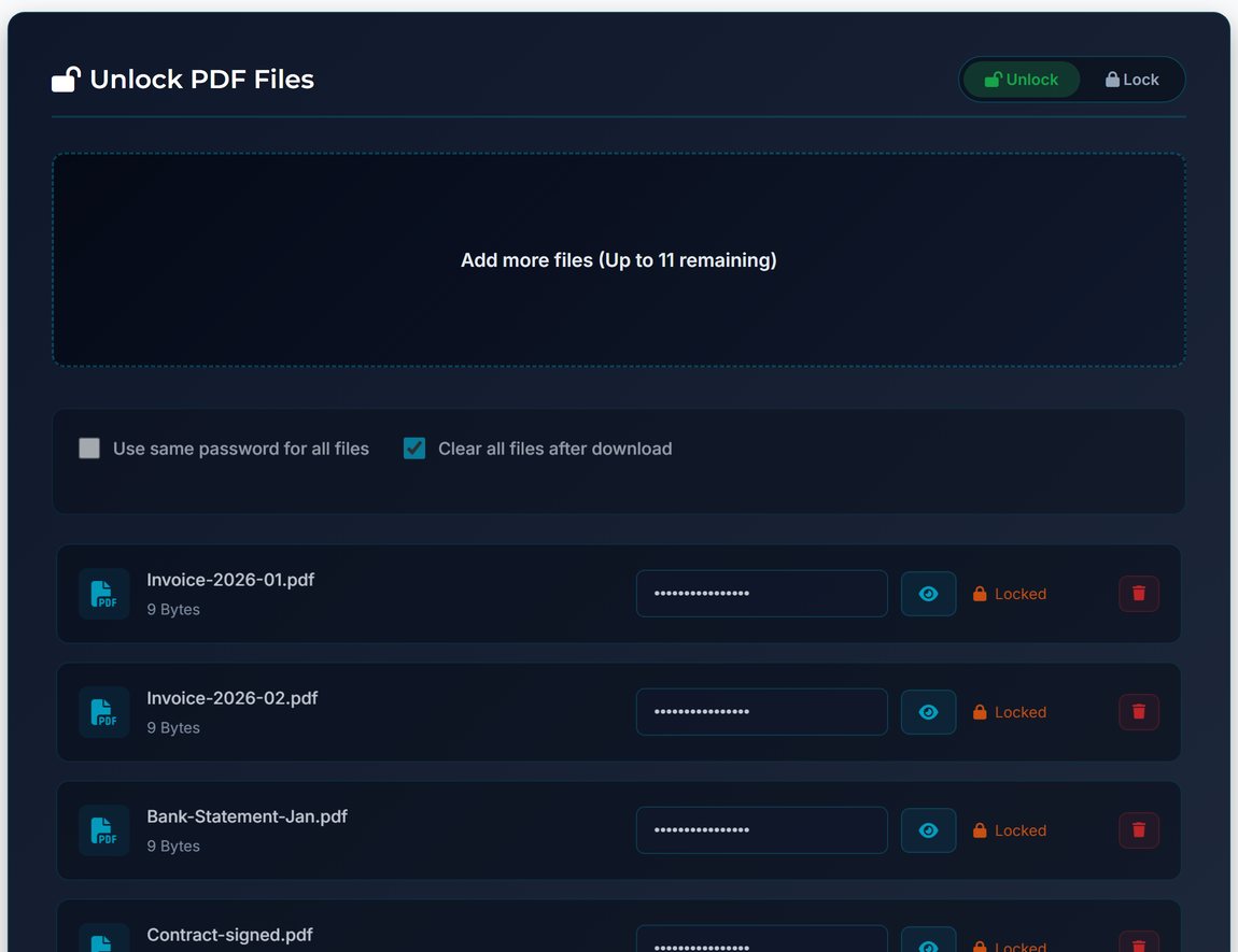 Four PDF files queued in the unlocker, each with its own password field, a shared password checkbox, and a clear files after download option