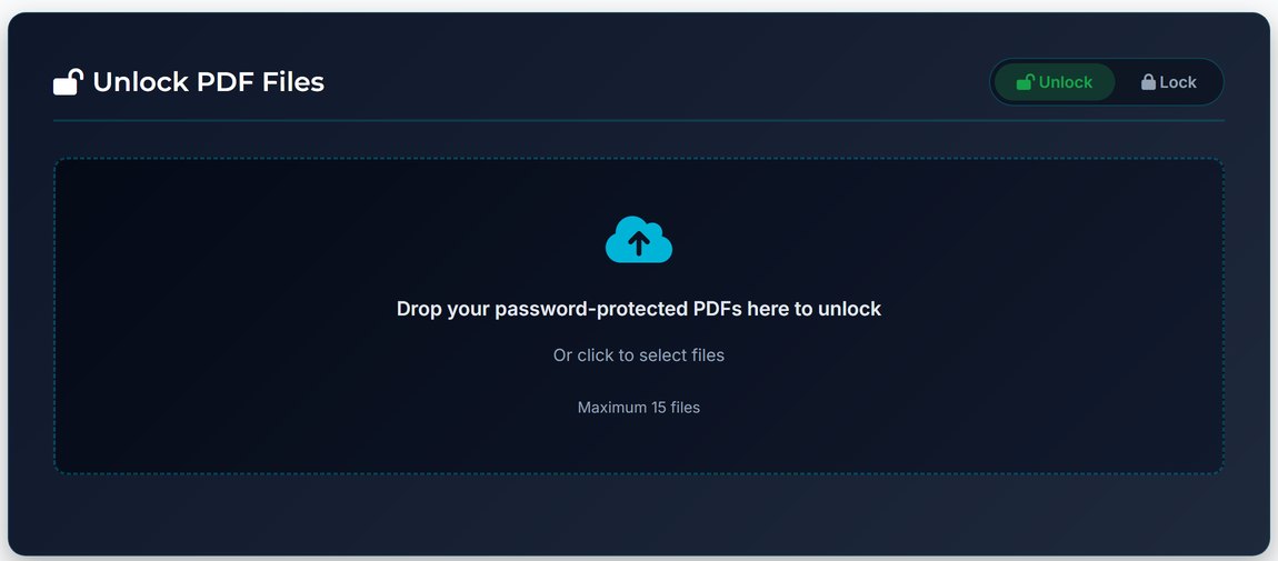 The NVDreamspace PDF Locker and Unlocker interface, showing the unlock and lock mode toggle and a drop area with a fifteen file maximum