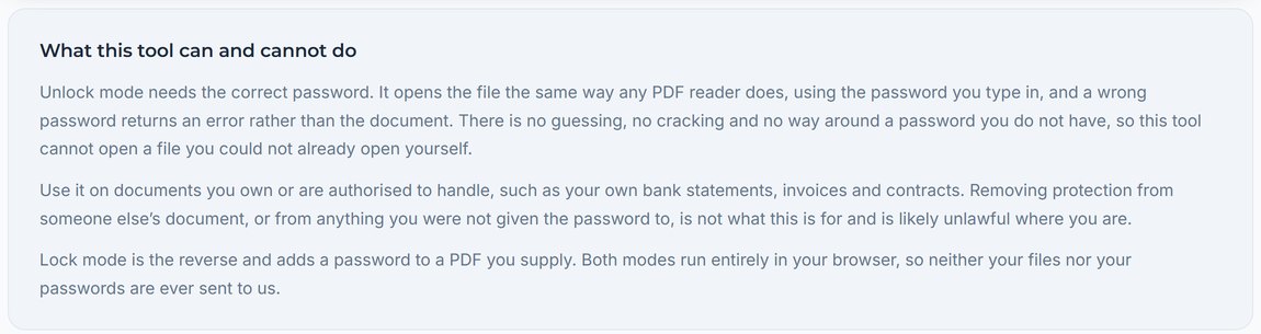 The scope of use panel on the tool page, stating that unlock mode needs the correct password and cannot open a file you could not already open