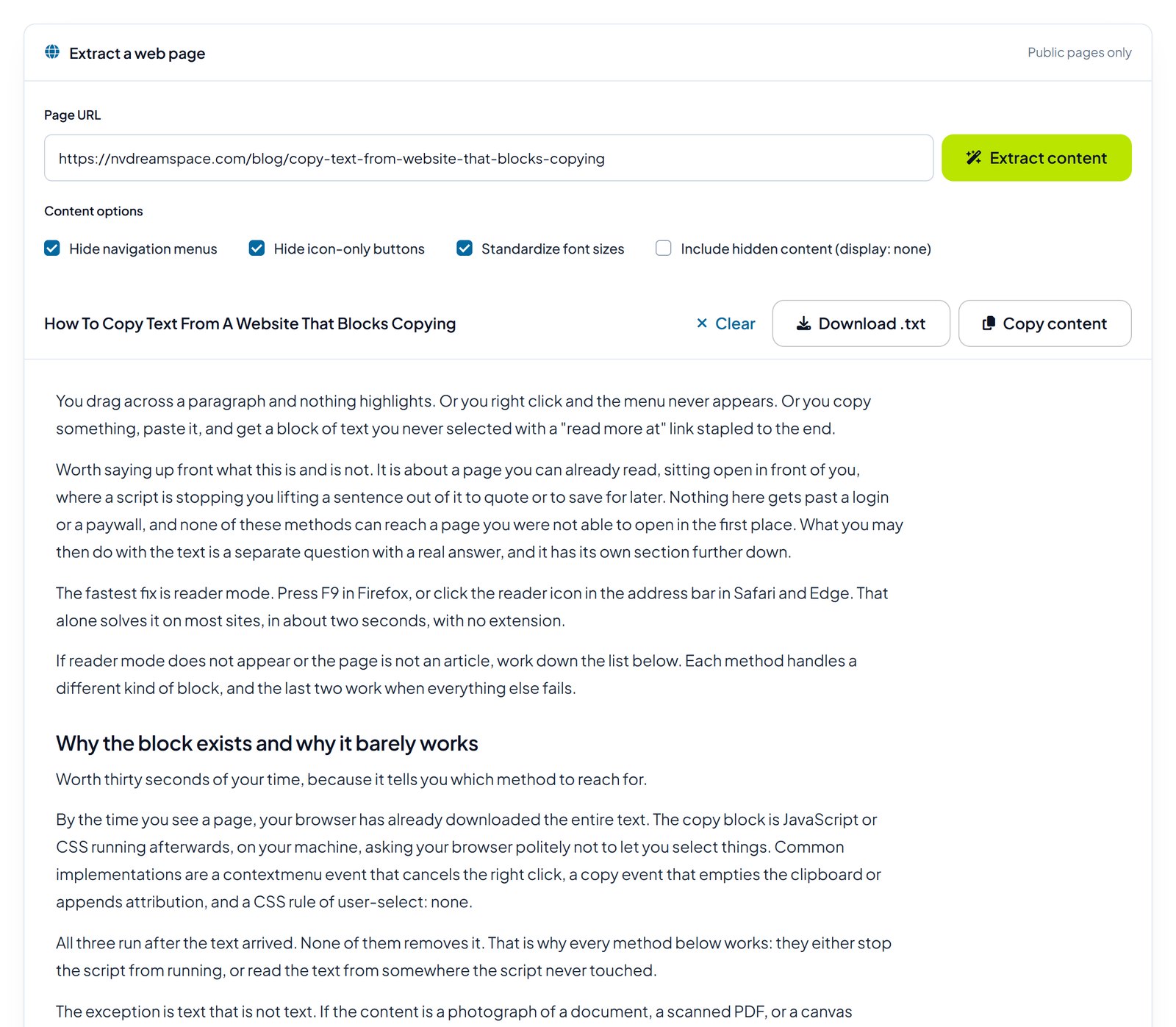 The Website Content Extractor with the address of this article entered. Below the address are content options for hiding navigation menus and icon-only buttons, and the result shows the article title with buttons to clear, download the text or copy it, followed by the article's paragraphs and headings as plain readable text.