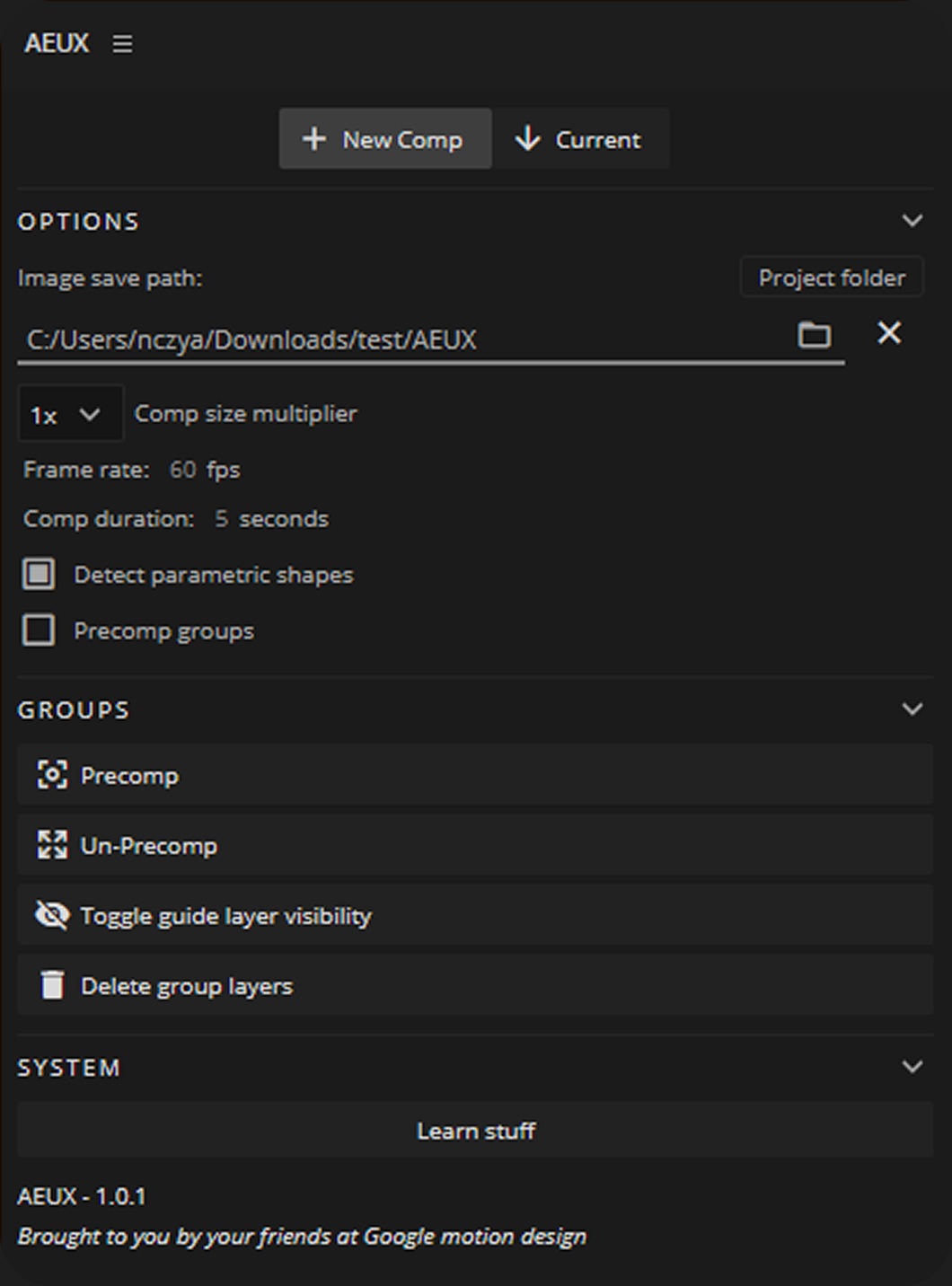 The Figma to AE panel docked in After Effects, showing the New Comp and Current buttons, the image save path and the group tools