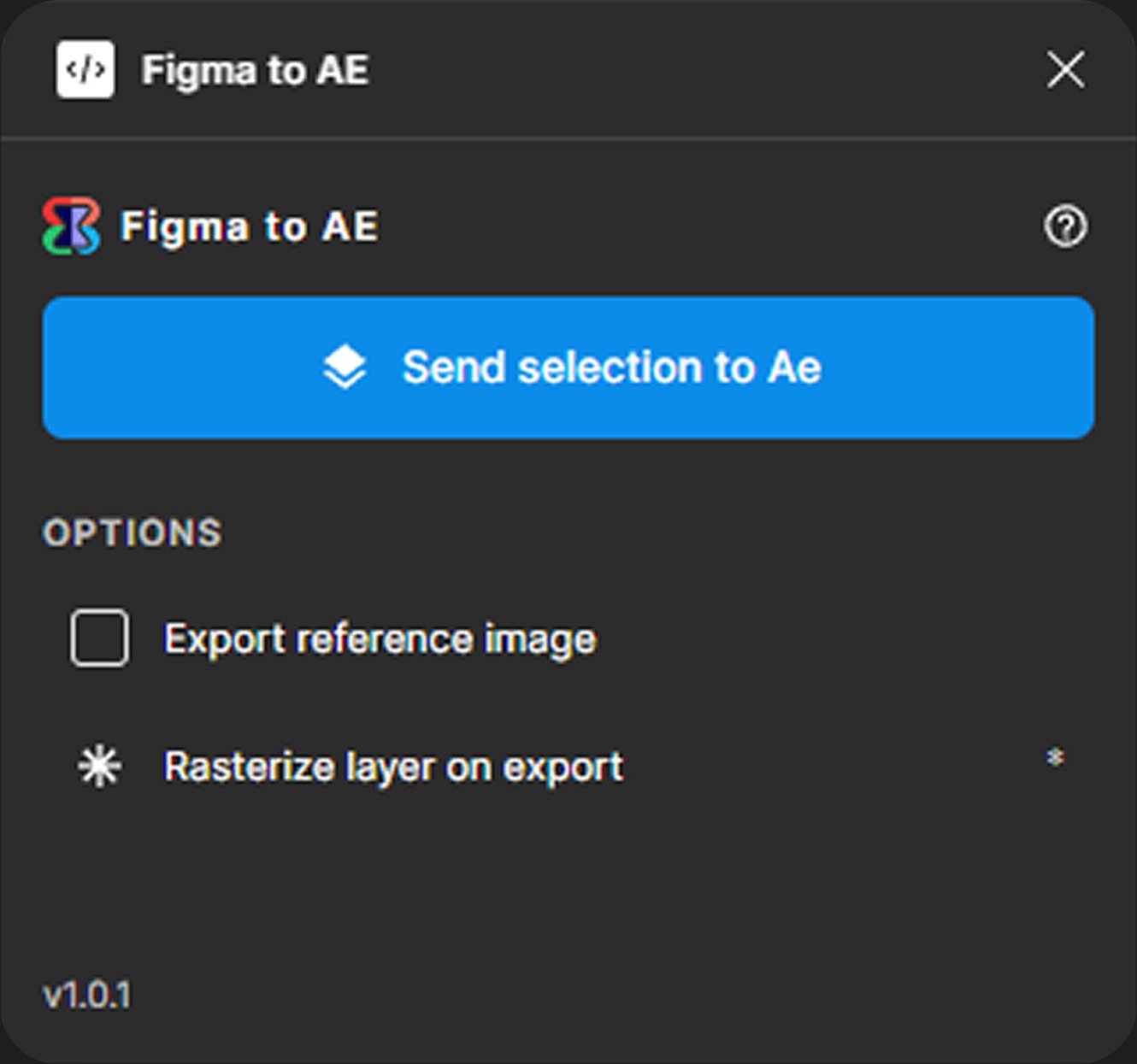 The Figma to AE plugin open in Figma, showing the Send selection to Ae button