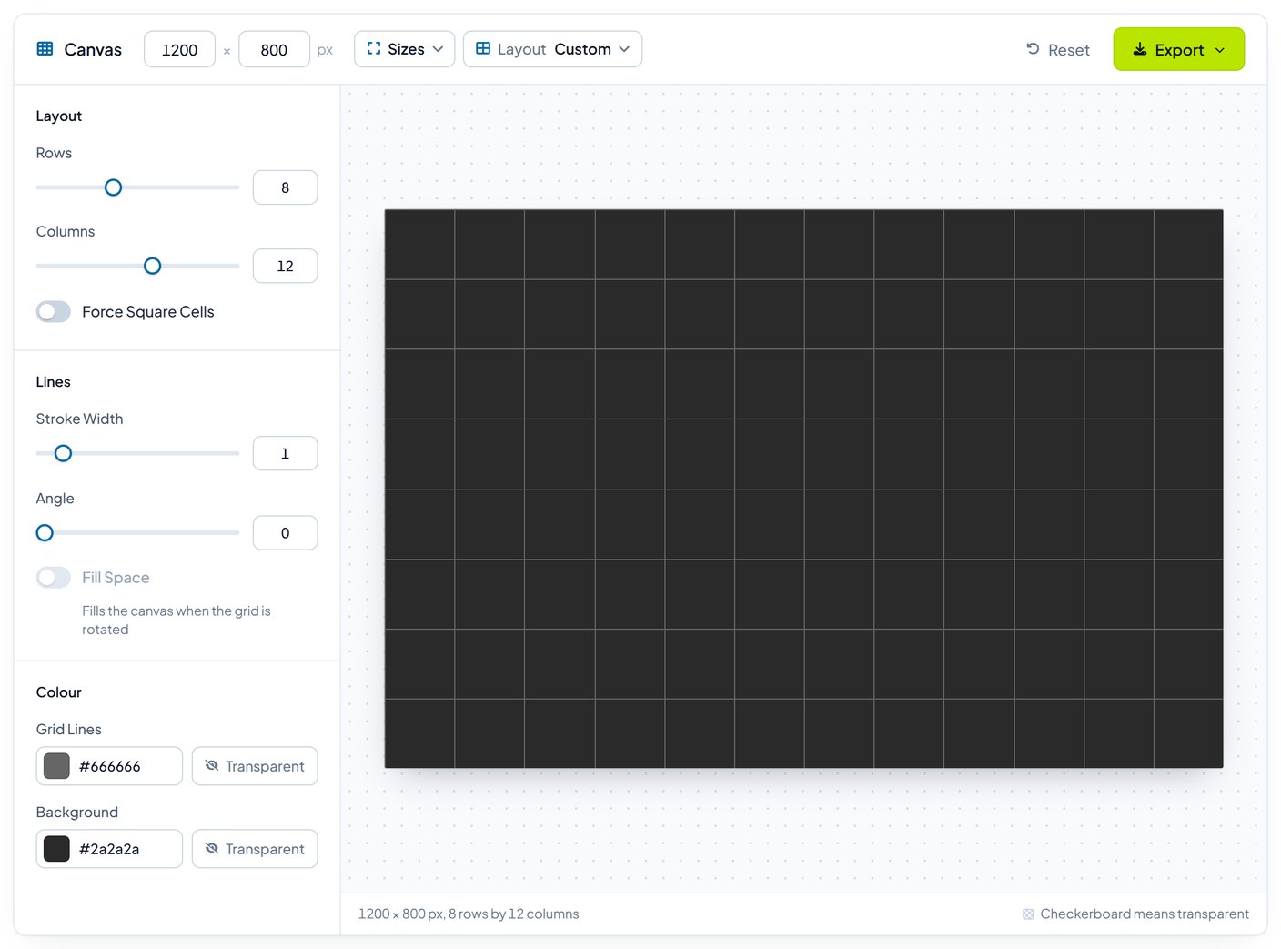 Grid Maker with 12 columns and 8 rows on an 1200 by 800 canvas